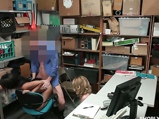 Two Shoplifting Chicks Serve One Pervy Cop In The Back Room